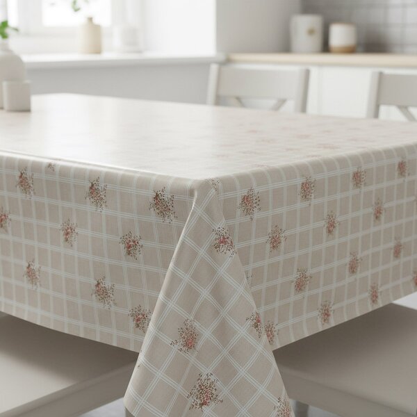 Ubrus PVC s textilním podkladem C47-1, provencálská kostka s květinami, béžová, š.140cm (metráž)