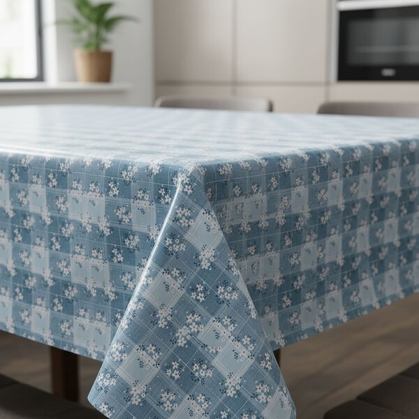 Ubrus PVC s textilním podkladem 1217-4, luční kvítí, káro modré, š.140cm (metráž)