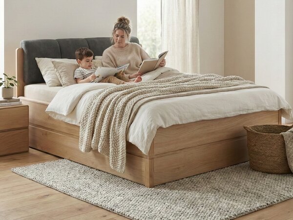 Postel s úložným prostorem včetně roštu 140x200 ATLANTA typ 14 dub přírodní, látka D'ORO 5110 Grafit
