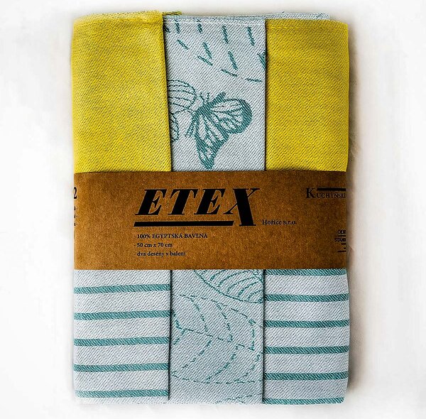 Etex kuchyňské utěrky EGYPTSKÁ BAVLNA U02-A, tyrkysovo-žluté proužky a listy, 3 kusy, 50x70cm