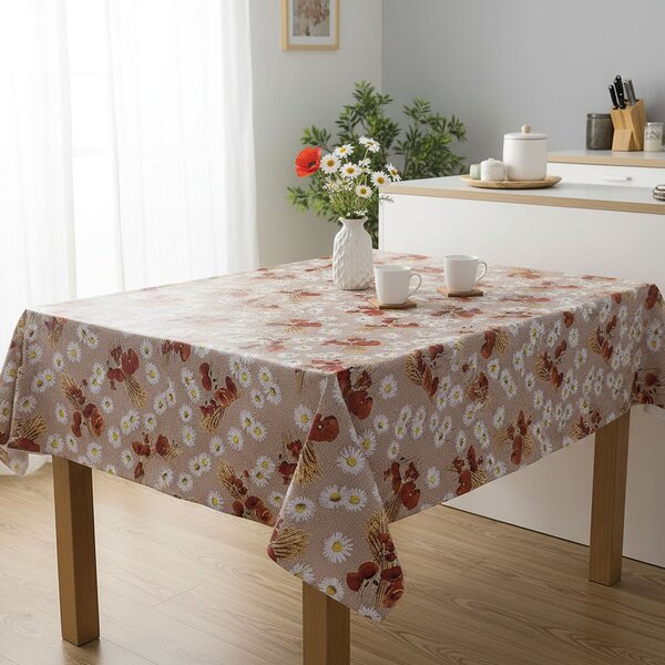 Fantastik ubrus PVC s textilním podkladem 605-1 vlčí máky a kopretiny na režné pytlovině, š.140cm (metráž)