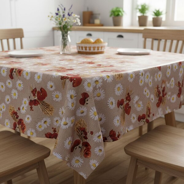 Fantastik ubrus PVC s textilním podkladem 605-1 vlčí máky a kopretiny na režné pytlovině, š.140cm (metráž)