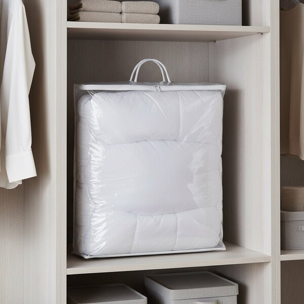 Bellatex Úložný obal na lůžkoviny a deky 55×60×10 cm – taška se zipem a textilním uchem, průhledný, bílý lem