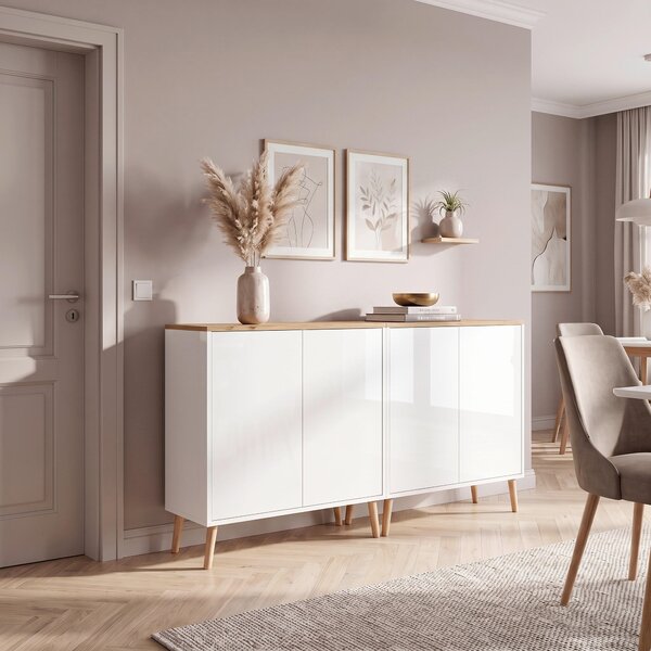 ŠIROKÁ KOMODA, vysoce lesklá bílá, dub artisan, bílá, 158/86/33 cm MID.YOU - Komody na nožičkách, Online Only