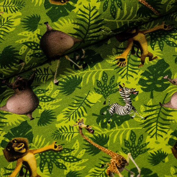 Bavlněný úplet dětský 8617-007 DIGITÁLNÍ TISK MADAGASKAR, zelený, š.140cm (látka v metráži)