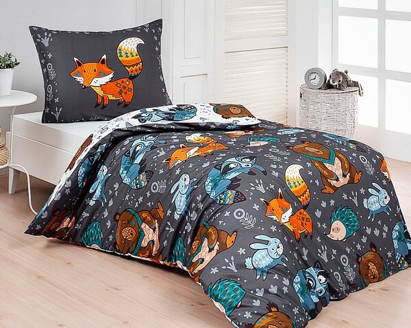 Matějovský povlečení FOXIE, lišky a lesní zvířátka, šedé, bavlna hladká digitál, 140x200cm + 70x90cm