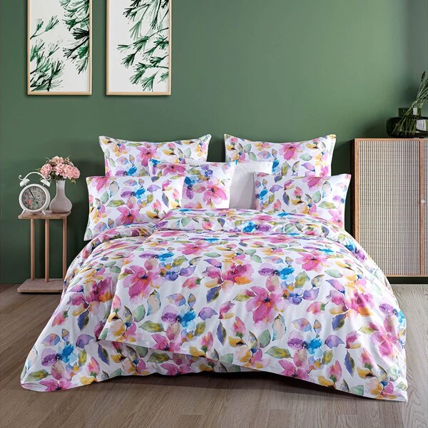 BedTex povlečení VIBRANCE, barevné květy, růžové, bavlněný satén, 140x200cm + 70x90cm