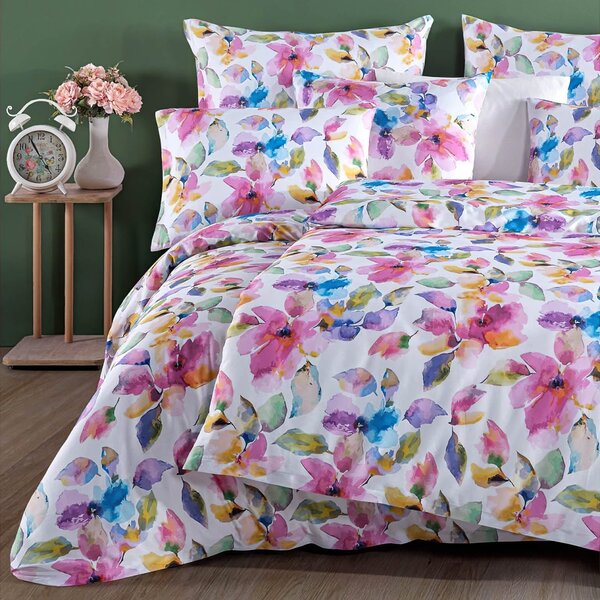 BedTex povlečení VIBRANCE, barevné květy, růžové, bavlněný satén, 140x200cm + 70x90cm
