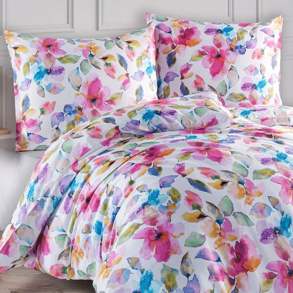 BedTex povlečení VIBRANCE, barevné květy, růžové, bavlněný satén, 140x200cm + 70x90cm