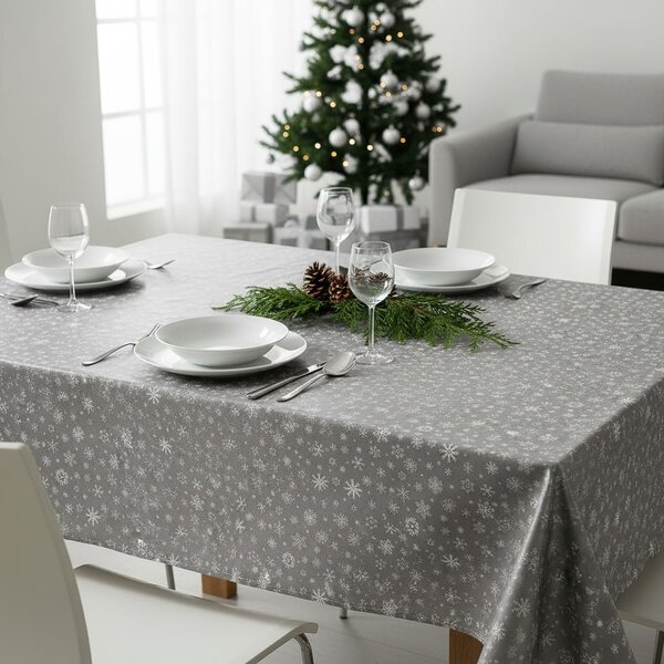 RexDeco Ubrus PVC s textilním podkladem 1096/2 vánoční, bílé vločky na stříbrné, š.140cm (metráž)