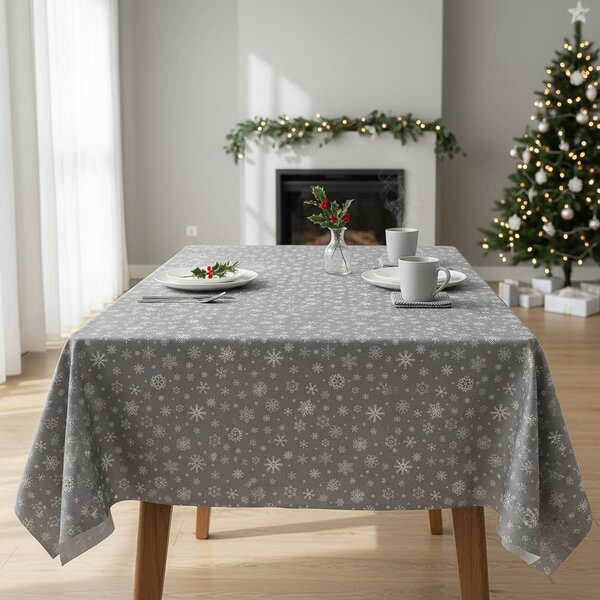 RexDeco Ubrus PVC s textilním podkladem 1096/2 vánoční, bílé vločky na stříbrné, š.140cm (metráž)