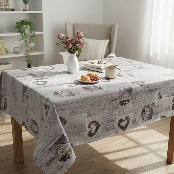 RexDeco ubrus PVC s textilním podkladem 115-1, krajka a srdce na dřevě, šedá, š.140cm (metráž)