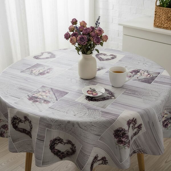 RexDeco ubrus PVC s textilním podkladem 115-1, krajka a srdce na dřevě, šedá, š.140cm (metráž)