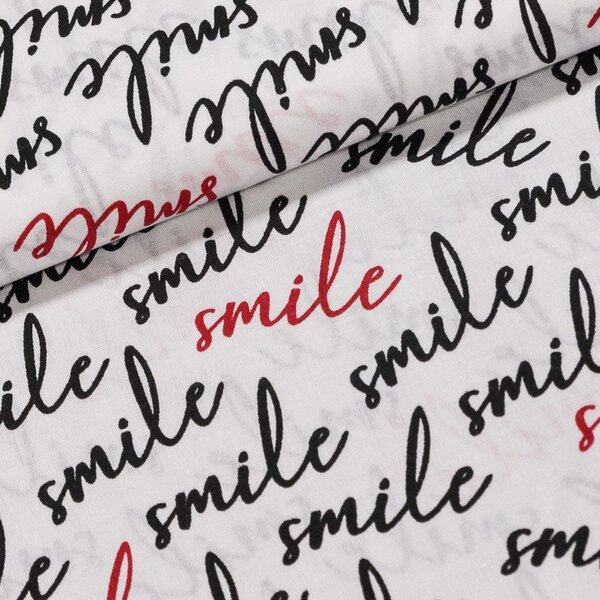 Bavlněné plátno 403050 černé a červené nápisy smile na bílé, š.160cm (látka v metráži)