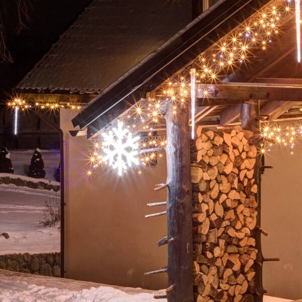 DECOLED Easy Fix venkovní LED rampouchy, světelné, 300 × 50 cm, teple bílá s FLASH, 114 diod, černý kabel, IP67, prodlužovací
