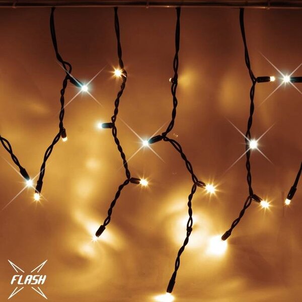 DECOLED Easy Fix venkovní LED rampouchy, světelné, 300 × 50 cm, teple bílá s FLASH, 114 diod, černý kabel, IP67, prodlužovací