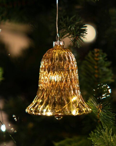 SIRIUS LED skleněný zvonek, zlatý, Ø 9 × 10 cm, 5 diod, IP20 interiér, 1× AAA
