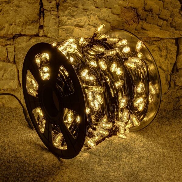 DECOLED Easy Fix LED světelný řetěz, 100 m, venkovní teple bílá, 400 MEGA LED, černý kabel, IP67, cívka