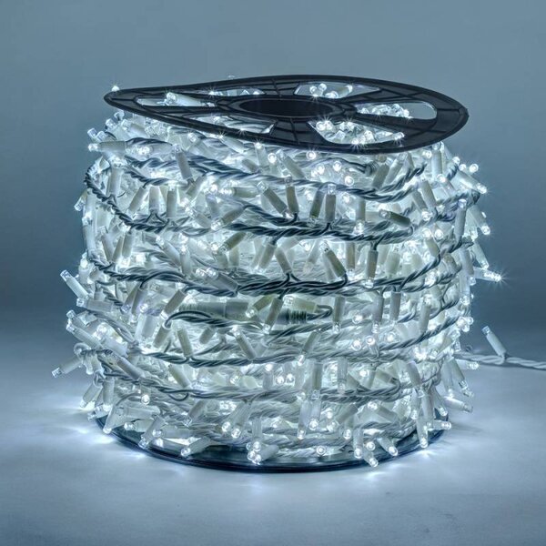 DECOLED Easy Fix LED světelný řetěz, 100 m, venkovní, ledově bílá s FLASH, 2000 diod, bílý kabel, IP67, cívka
