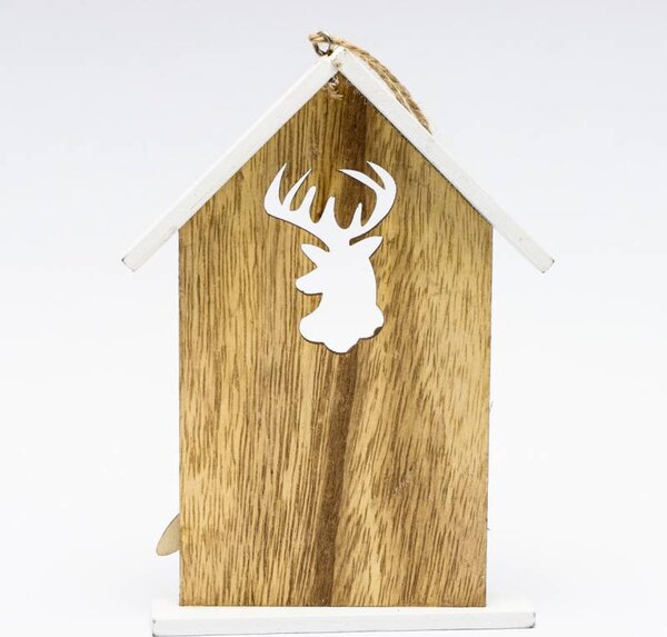 DECOLED Dřevěná vánoční ozdoba chaloupka s jelenem 29 × 40 × 3 cm, k zavěšení