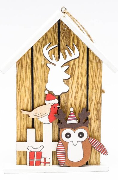 DECOLED Dřevěná vánoční ozdoba chaloupka s jelenem 29 × 40 × 3 cm, k zavěšení