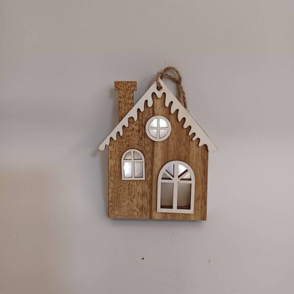 DECOLED Vánoční dřevěná ozdoba domeček, 9 × 12 cm, závěsný