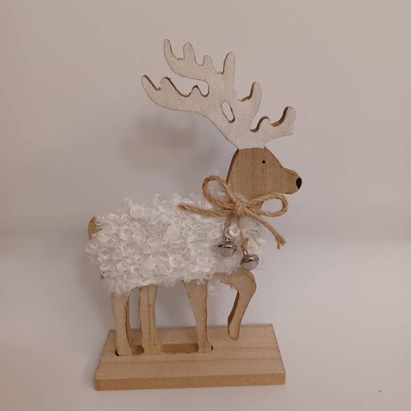 DECOLED Dřevěná vánoční dekorace na stůl jelen s rolničkami, 12,5 × 20,5 cm, bílá, stojící