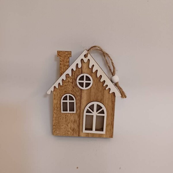 DECOLED Vánoční dřevěná ozdoba domeček, 9 × 12 cm, závěsný