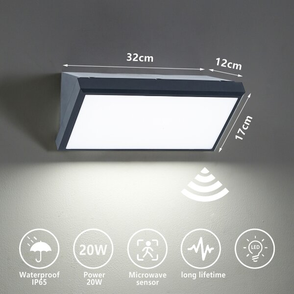 Brilagi - LED Venkovní nástěnné svítidlo se senzorem TRIANGLE LED/20W/230V antr