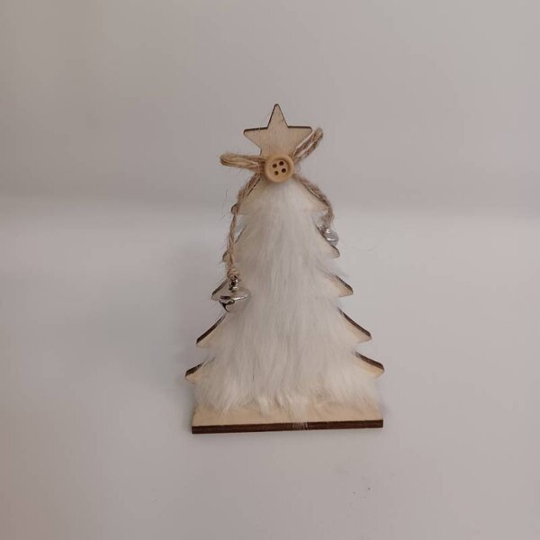 DECOLED Dřevěná dekorace na stůl stromeček s rolničkami, 8,5 × 4,5 × 14 cm, stojící