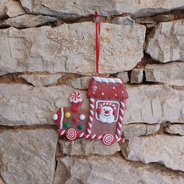 DECOLED Vánoční ozdoba na stromeček perníkový vláček, 11 × 10 cm, k zavěšení, PVC, IP44, venkovní