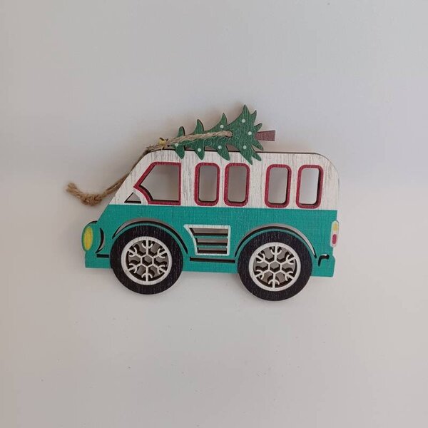 DECOLED Dřevěná vánoční ozdoba autobus 12 × 9,5 cm, k zavěšení
