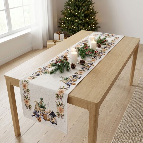 Forbyt Kuchyňský ubrus / štola vánoční CYH6060C, skřítek s lucernou, béžová 40x140cm (obdélník)