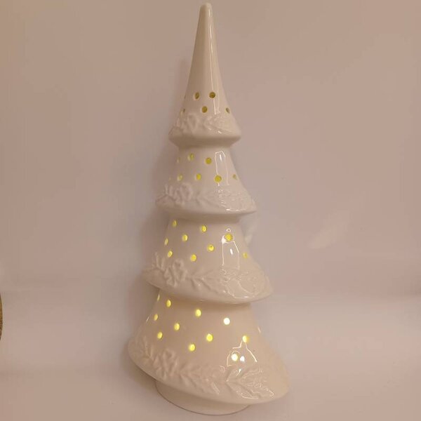 DECOLED LED dekorace keramický stromeček, 15 × 9,2 × 29 cm, teple bílá, 2× LR44