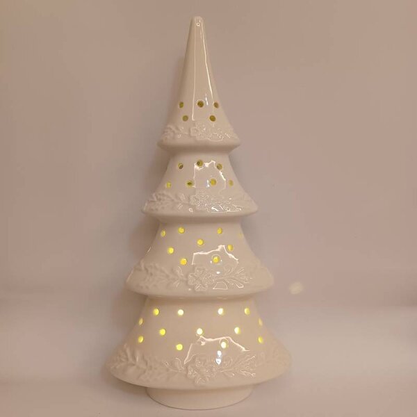 DECOLED LED dekorace keramický stromeček, 15 × 9,2 × 29 cm, teple bílá, 2× LR44