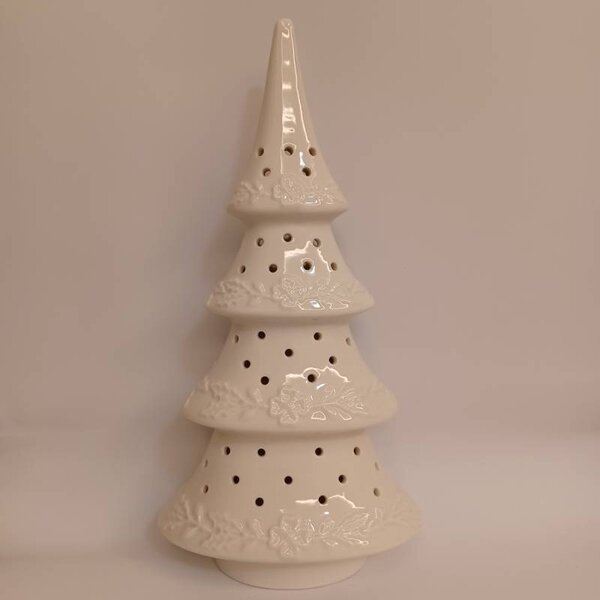 DECOLED LED dekorace keramický stromeček, 15 × 9,2 × 29 cm, teple bílá, 2× LR44