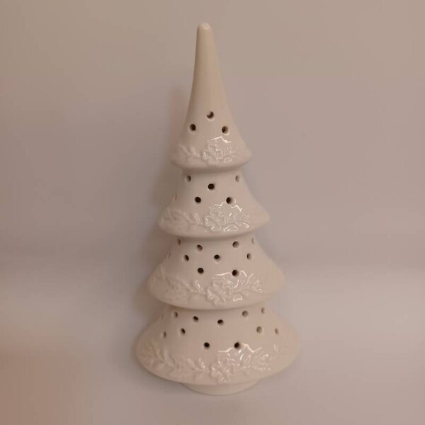 DECOLED LED dekorace keramický stromeček 11,4 × 8,5 × 23 cm, teple bílá, 2× LR44
