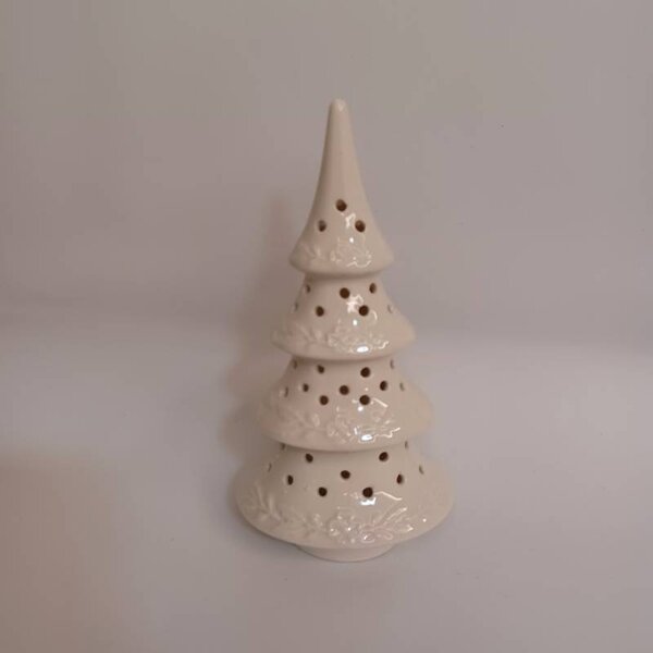 DECOLED LED dekorace keramický stromeček, 9 × 7,4 × 17,8 cm, teple bílá, 2× LR44