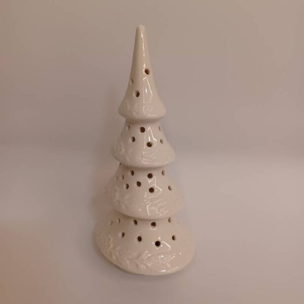 DECOLED LED dekorace keramický stromeček, 9 × 7,4 × 17,8 cm, teple bílá, 2× LR44