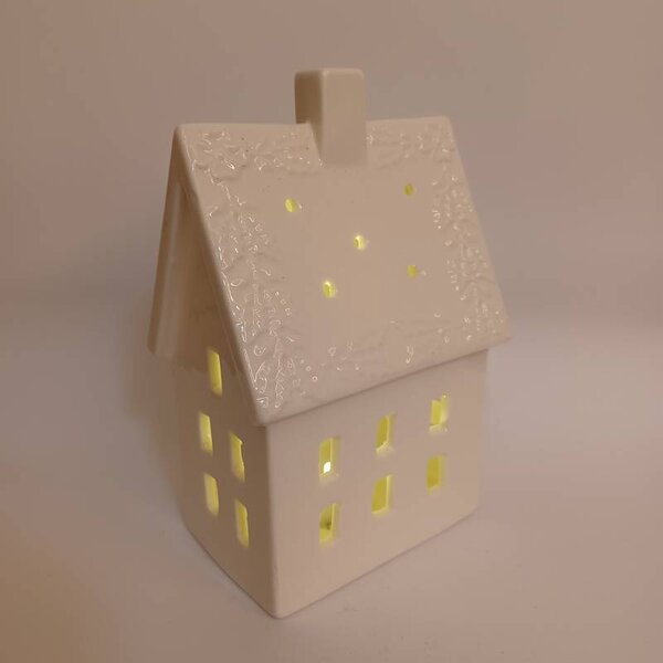 DECOLED LED dekorace keramický domeček 10,6 × 8,7 × 16,8 cm, teple bílá, 2× LR44