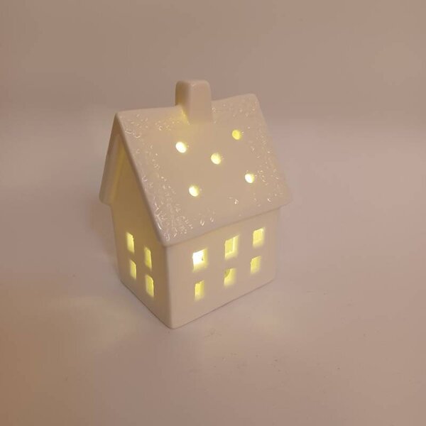 DECOLED LED dekorace keramický domeček 7 × 6 × 10 cm, teple bílá, 2× LR44