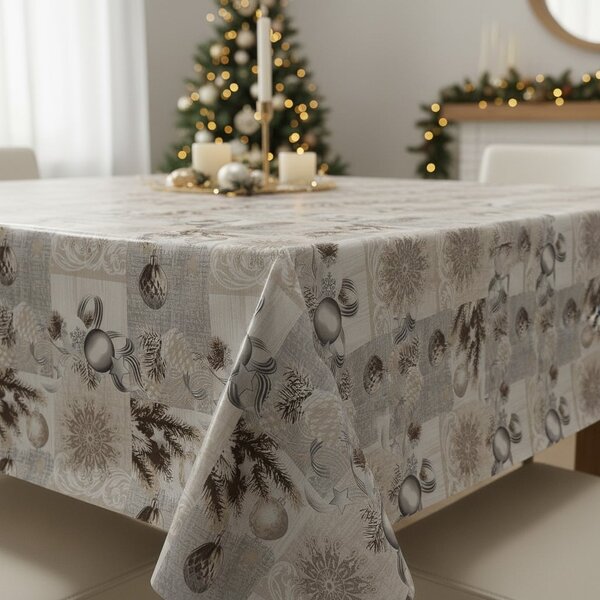 RexDeco Ubrus PVC s textilním podkladem 848-3 vánoční, baňky na béžové, š.140cm (metráž)