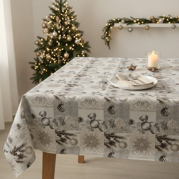 RexDeco Ubrus PVC s textilním podkladem 848-3 vánoční, baňky na béžové, š.140cm (metráž)