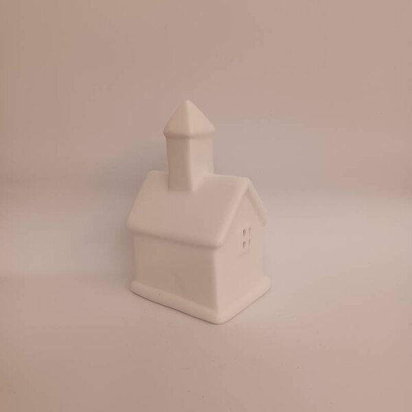 DECOLED LED dekorace kostelíček na baterie 7,5 × 6 × 12 cm, keramický, LR44, teple bílá