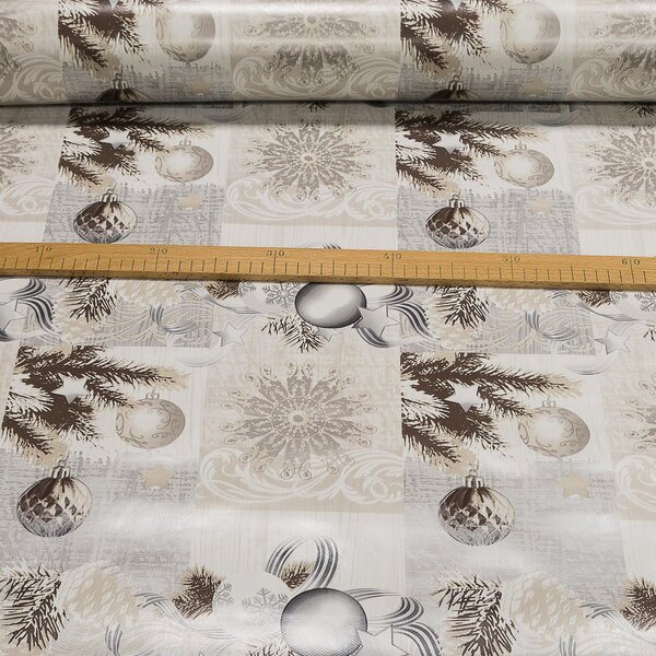 RexDeco Ubrus PVC s textilním podkladem 848-3 vánoční, baňky na béžové, š.140cm (metráž)