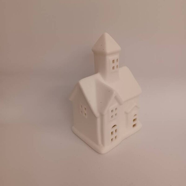 DECOLED LED dekorace kostelíček na baterie 7,5 × 6 × 12 cm, keramický, LR44, teple bílá