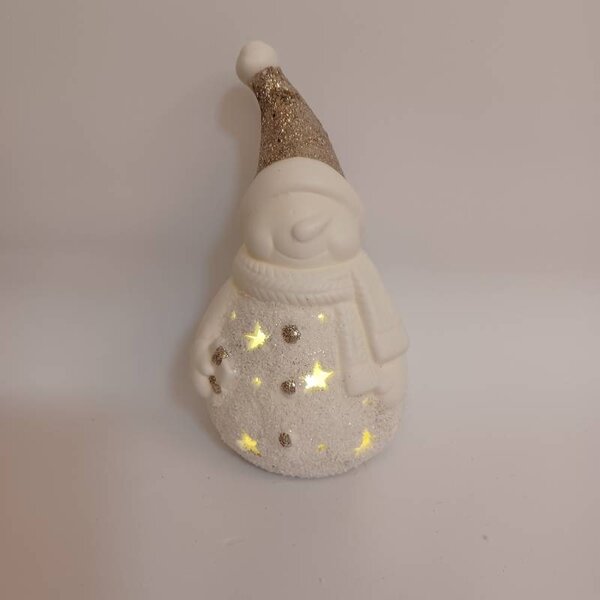 DECOLED LED dekorace keramický sněhulák, 9,3 × 8,8 × 16,5 cm, teple bílá, 2× LR44