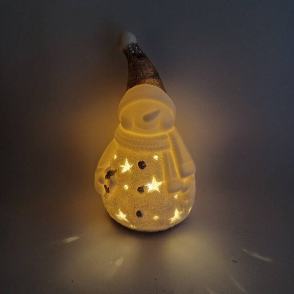 DECOLED LED dekorace keramický sněhulák, 9,3 × 8,8 × 16,5 cm, teple bílá, 2× LR44