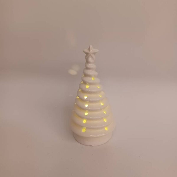 DECOLED LED svítící dekorace keramický stromeček, 6,2 × 6,2 × 11,2 cm, teple bílá, 2× LR44