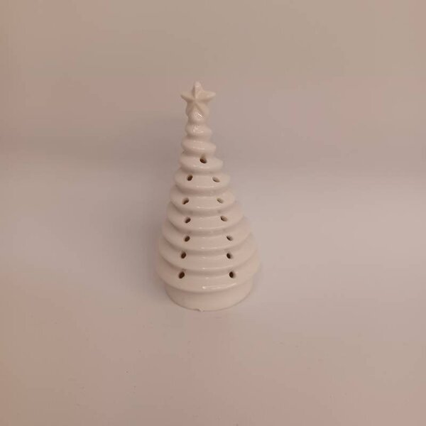 DECOLED LED svítící dekorace keramický stromeček, 6,2 × 6,2 × 11,2 cm, teple bílá, 2× LR44